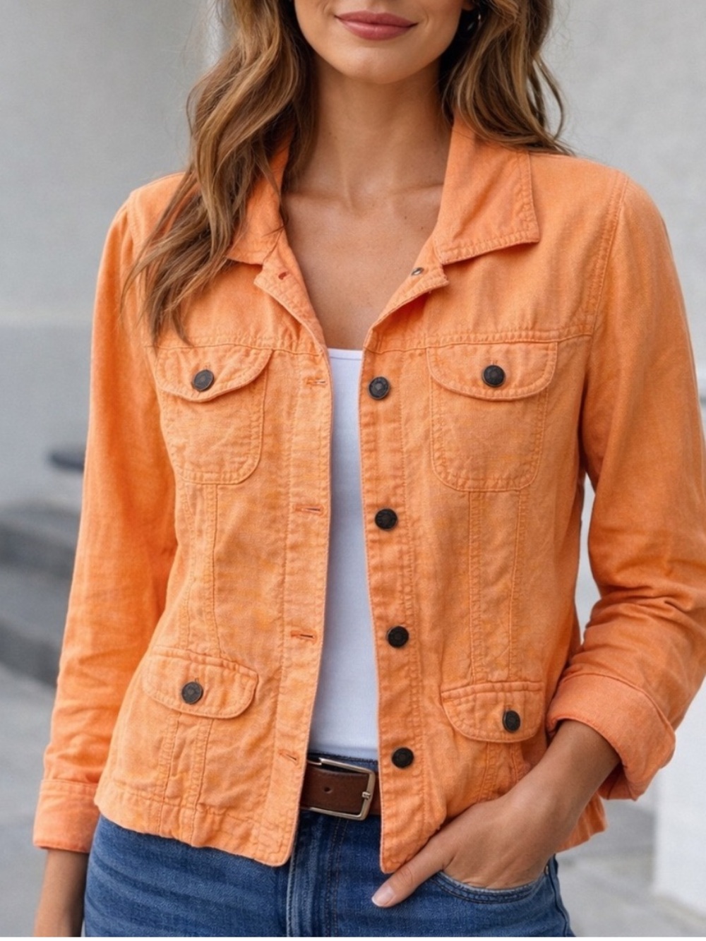 J. Jill Linen Utility Jean Jacket Peach Coastal Resort Luxury Cruise Layer EUC